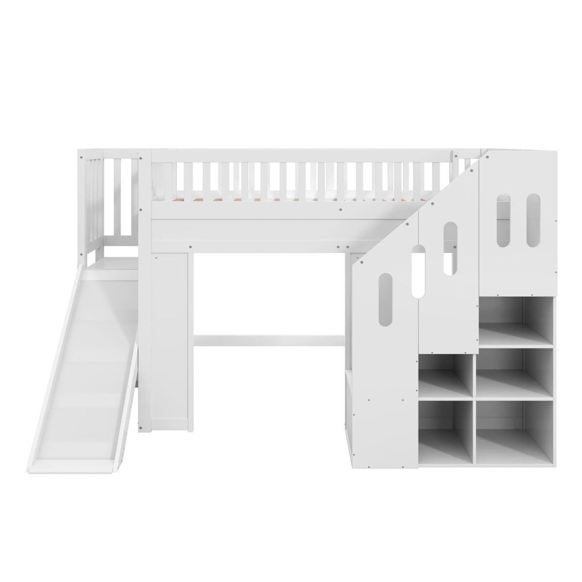 Cama alta infantil 90x200 - con tobogán, barandilla y escalera con almacenaje, led - blanco