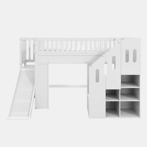 Cama alta infantil 90x200 - com escorregador, corrimão e escada com arrumação, LED - branco