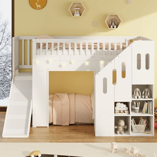 Cama alta infantil 90x200 - com escorregador, corrimão e escada com arrumação, LED - branco Cama alta infantil 90x200 - com escorregador, corrimão e escada com arrumação, LED - branco