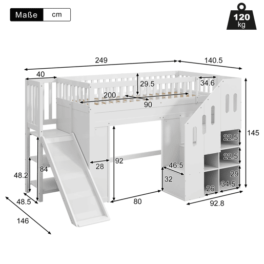 Cama alta infantil 90x200 - com escorregador, corrimão e escada com arrumação, LED - branco Cama alta infantil 90x200 - com escorregador, corrimão e escada com arrumação, LED - branco