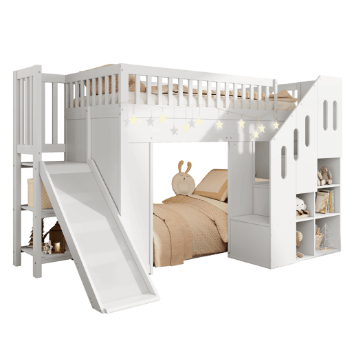 Cama alta infantil 90x200 - com escorregador, corrimão e escada com arrumação, LED - branco Cama alta infantil 90x200 - com escorregador, corrimão e escada com arrumação, LED - branco