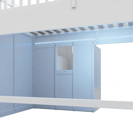 Cama alta infantil 90x200 - com escorregador, corrimão e escada com arrumação, LED - branco Cama alta infantil 90x200 - com escorregador, corrimão e escada com arrumação, LED - branco