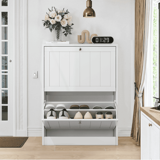 Sapateira 60 cm - estilo Mid-Century, 2 gavetas rebatíveis, para entrada - branco
