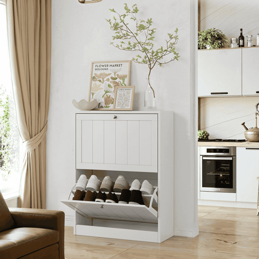 Sapateira 60 cm - estilo Mid-Century, 2 gavetas rebatíveis, para entrada - branco