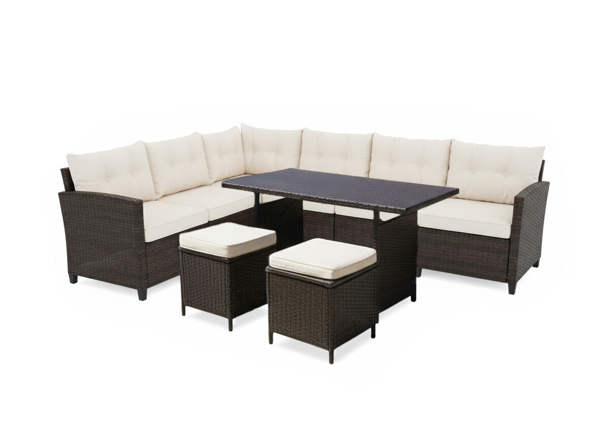 Sofa rinconera laia + mesa + 2 puffs de ratan pe. muebles de jardin y terraza, ratan marron
