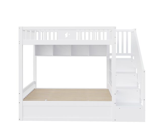 Cama juvenil 140x200 cm - altura con hidráulico, escalera con almacenamiento y estantes - blanco