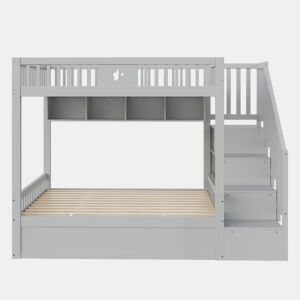 Cama juvenil 140x200 cm - Beliche com sistema hidráulico, escada com arrumação, prateleiras - Cinza