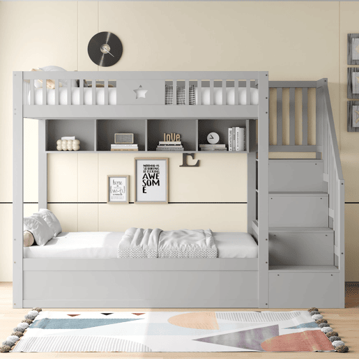 Cama juvenil 140x200 cm - Beliche com sistema hidráulico, escada com arrumação, prateleiras - Cinza