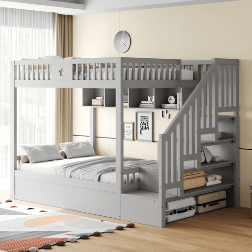 Cama juvenil 140x200 cm - Beliche com sistema hidráulico, escada com arrumação, prateleiras - Cinza