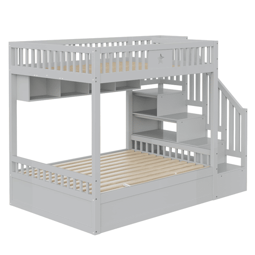 Cama juvenil 140x200 cm - Beliche com sistema hidráulico, escada com arrumação, prateleiras - Cinza