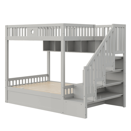 Cama juvenil 140x200 cm - Beliche com sistema hidráulico, escada com arrumação, prateleiras - Cinza