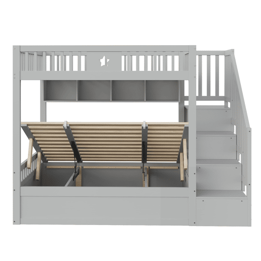 Cama juvenil 140x200 cm - Beliche com sistema hidráulico, escada com arrumação, prateleiras - Cinza