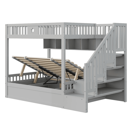 Cama juvenil 140x200 cm - Beliche com sistema hidráulico, escada com arrumação, prateleiras - Cinza