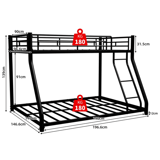 Beliche metálico Twin Over Full - estrutura reforçada com escada e corrimão - preto