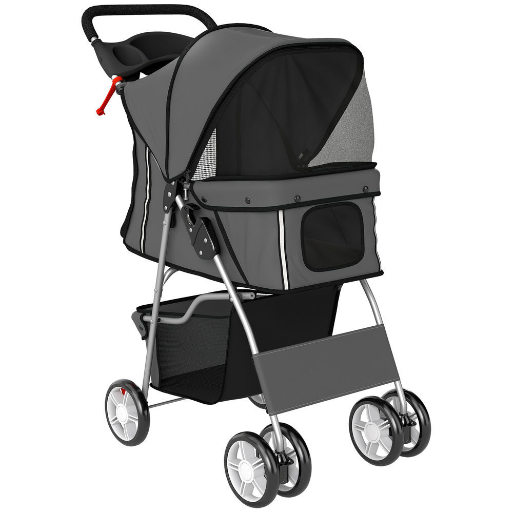 Pawhut carrito para perros plegable, cochecito para perros pequeños con cesta de almacenaje, ventanas de malla, portavasos, ruedas de eva, cojín lavable, frenos, carga 10 kg, 77x44x102 cm, gris oscuro