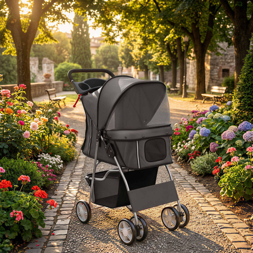 PawHut Carrinho para Cães Dobrável, Coche para Cães Pequenos com Cesta de Armazenamento, Janelas de Rede, Suporte para Copos, Rodas EVA, Almofada Lavável, Travões, Carga Máx. 10 kg, 77x44x102 cm, Cinzento Escuro