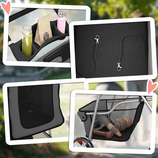 PawHut Carrinho para Cães Dobrável, Coche para Cães Pequenos com Cesta de Armazenamento, Janelas de Rede, Suporte para Copos, Rodas EVA, Almofada Lavável, Travões, Carga Máx. 10 kg, 77x44x102 cm, Cinzento Escuro