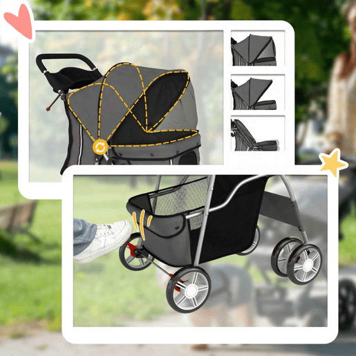 PawHut Carrinho para Cães Dobrável, Coche para Cães Pequenos com Cesta de Armazenamento, Janelas de Rede, Suporte para Copos, Rodas EVA, Almofada Lavável, Travões, Carga Máx. 10 kg, 77x44x102 cm, Cinzento Escuro