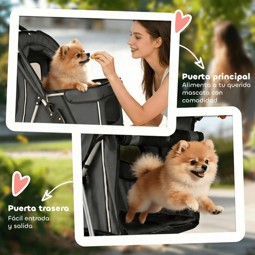 PawHut Carrinho para Cães Dobrável, Coche para Cães Pequenos com Cesta de Armazenamento, Janelas de Rede, Suporte para Copos, Rodas EVA, Almofada Lavável, Travões, Carga Máx. 10 kg, 77x44x102 cm, Cinzento Escuro