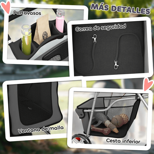 PawHut Carrinho para Cães Dobrável, Coche para Cães Pequenos com Cesta de Armazenamento, Janelas de Rede, Suporte para Copos, Rodas EVA, Almofada Lavável, Travões, Carga Máx. 10 kg, 77x44x102 cm, Cinzento Escuro