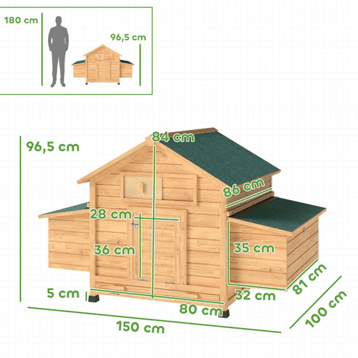 PawHut Galinheiro de Madeira para Exterior Abrigo para Galinhas com 2 Ninhos Bandeja Removível Poleiros, Telhado Impermeável Casa para 2-4 Galinhas e Coelhos 150x100x96,5 cm Madeira