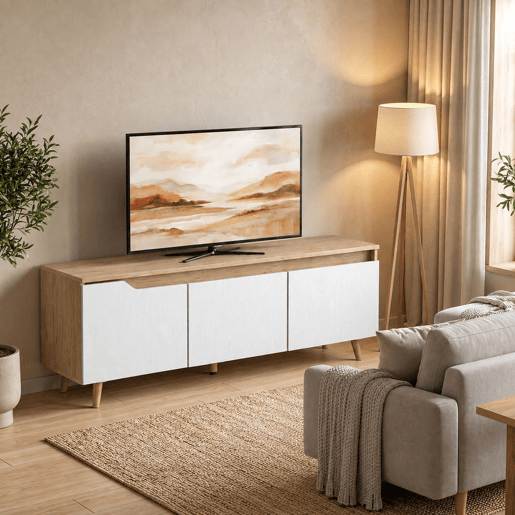 HOMCOM Móvel de TV Mesa de TV para Sala com 3 Portas para Televisões até 55 Polegadas Estilo Moderno 120x35x45,5 cm Carvalho e Branco HOMCOM Móvel de TV Mesa de TV para Sala com 3 Portas para Televisões até 55 Polegadas Estilo Moderno 120x35x45,5 cm Carvalho e Branco