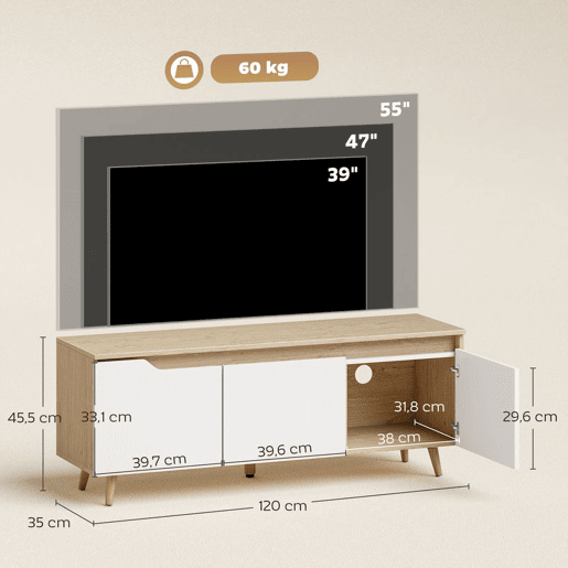 HOMCOM Móvel de TV Mesa de TV para Sala com 3 Portas para Televisões até 55 Polegadas Estilo Moderno 120x35x45,5 cm Carvalho e Branco HOMCOM Móvel de TV Mesa de TV para Sala com 3 Portas para Televisões até 55 Polegadas Estilo Moderno 120x35x45,5 cm Carvalho e Branco