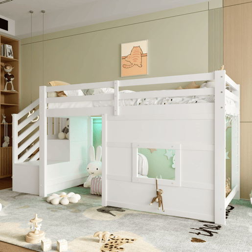 Cama alta 90x200 - com escada de arrumação e janela - Branco