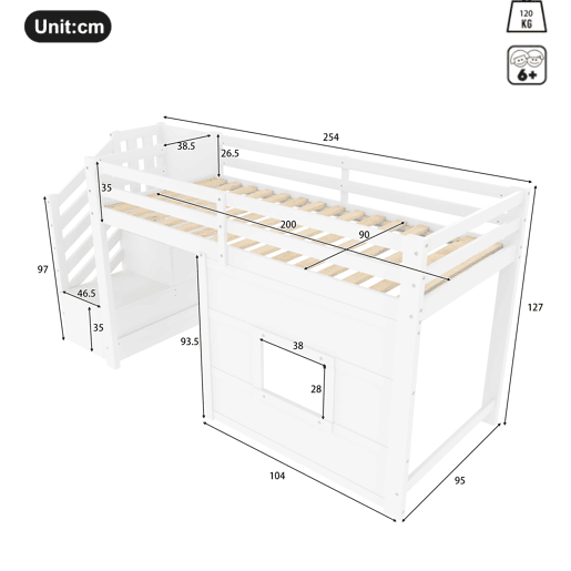 Cama alta 90x200 - com escada de arrumação e janela - Branco