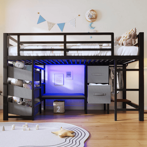 Cama alta 90x200 cm - Com almofada, arrumação, LED multicolorido, ganchos - Preto
