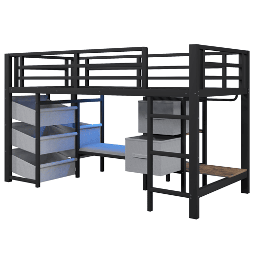 Cama alta 90x200 cm - Com almofada, arrumação, LED multicolorido, ganchos - Preto