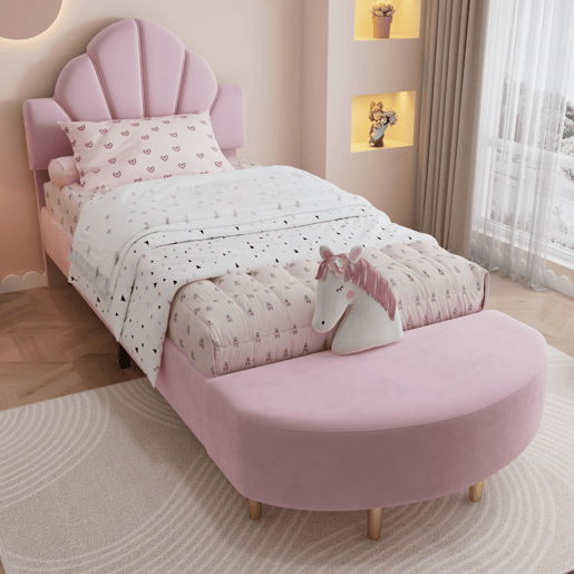 Cama individual estofada 90x200 - Cabeceira em veludo, banco a condizer, estrutura estável - Rosa