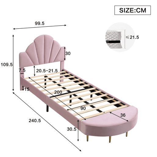 Cama individual estofada 90x200 - Cabeceira em veludo, banco a condizer, estrutura estável - Rosa