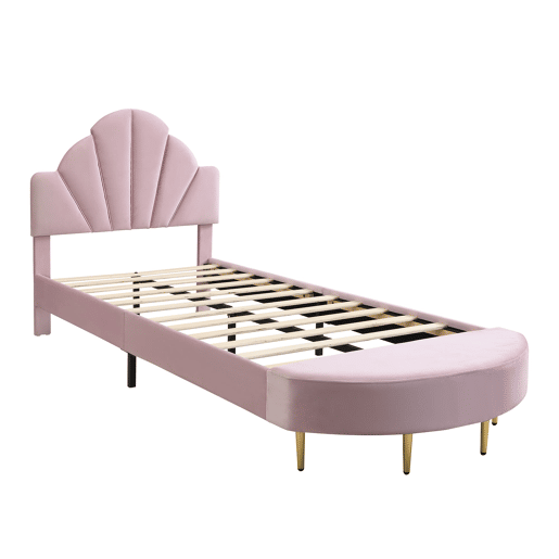Cama individual estofada 90x200 - Cabeceira em veludo, banco a condizer, estrutura estável - Rosa