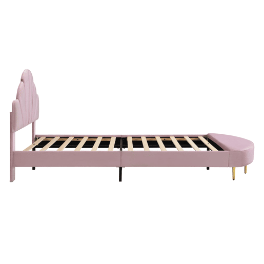 Cama individual estofada 90x200 - Cabeceira em veludo, banco a condizer, estrutura estável - Rosa