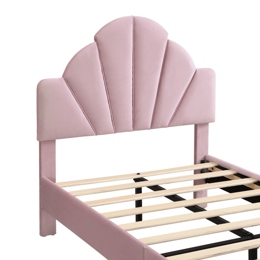 Cama individual estofada 90x200 - Cabeceira em veludo, banco a condizer, estrutura estável - Rosa