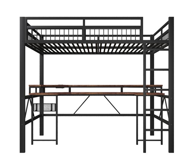 Cama alta + escritorio 140x200 cm - led multicolor, usb/tipo-c, enchufes, panel perforado - negro