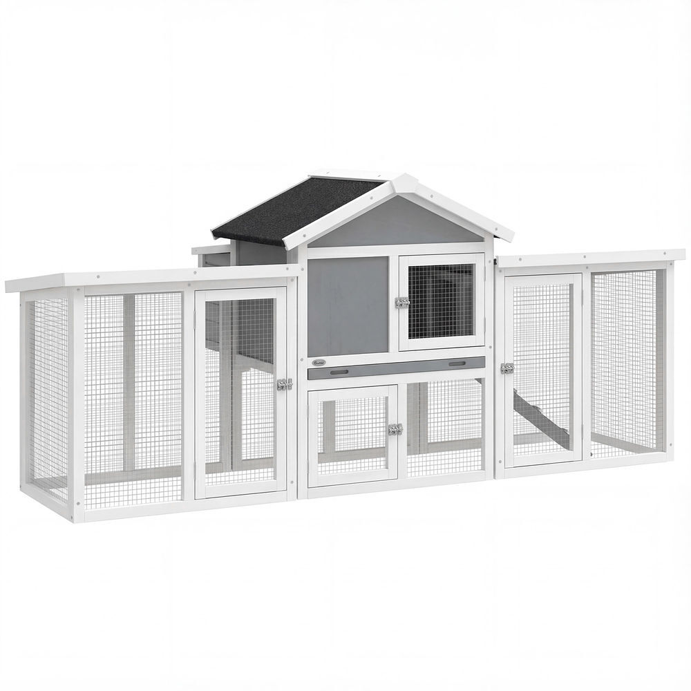 Pawhut gallinero para exterior grande de madera, 204x85x93 cm, gallinero con caja de anidación, corral, bandeja extraíble, techo impermeable, rampa y percha, jaula para conejos, patos, gris