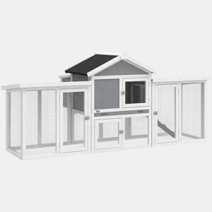 PawHut Galinheiro Grande para Exterior de Madeira 204x85x93 cm com Caixa de Nidificação Cercado Bandeja Removível Telhado Impermeável, Rampa e Poleiro Cinzento