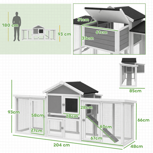 PawHut Galinheiro Grande para Exterior de Madeira 204x85x93 cm com Caixa de Nidificação Cercado Bandeja Removível Telhado Impermeável, Rampa e Poleiro Cinzento