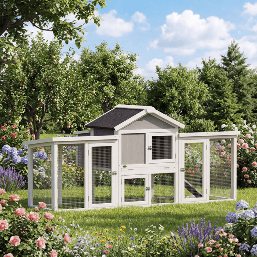PawHut Galinheiro Grande para Exterior de Madeira 204x85x93 cm com Caixa de Nidificação Cercado Bandeja Removível Telhado Impermeável, Rampa e Poleiro Cinzento