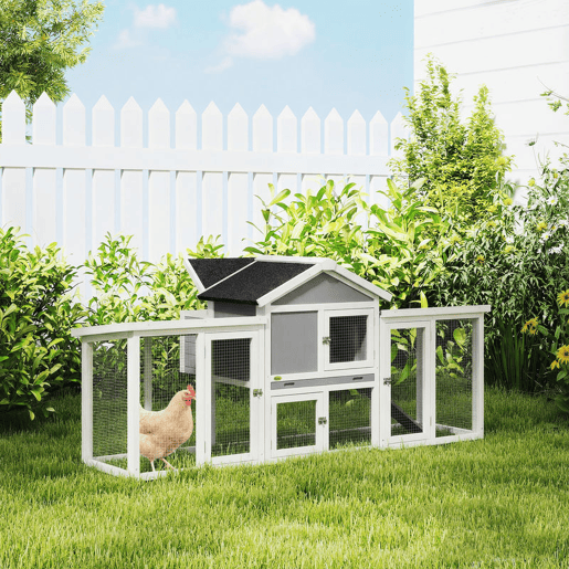 PawHut Galinheiro Grande para Exterior de Madeira 204x85x93 cm com Caixa de Nidificação Cercado Bandeja Removível Telhado Impermeável, Rampa e Poleiro Cinzento