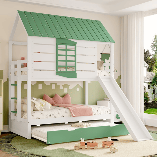 Cama alta 90x200 - com escorregador e cama extra - Branco+Verde