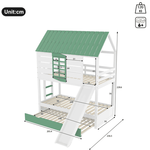 Cama alta 90x200 - com escorregador e cama extra - Branco+Verde