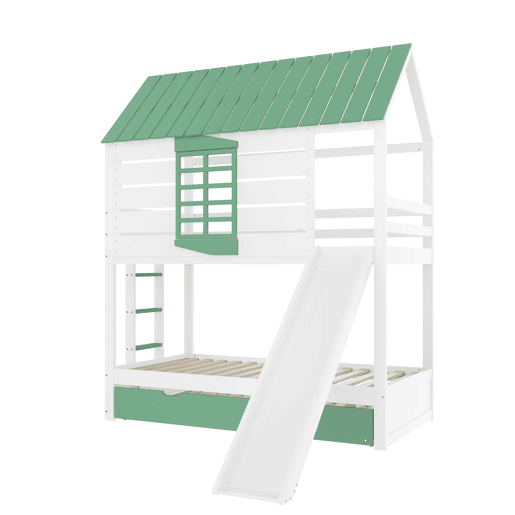 Cama alta 90x200 - com escorregador e cama extra - Branco+Verde