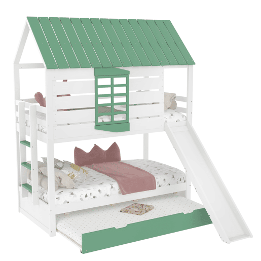 Cama alta 90x200 - com escorregador e cama extra - Branco+Verde