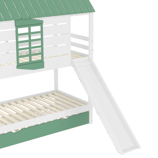 Cama alta 90x200 - com escorregador e cama extra - Branco+Verde