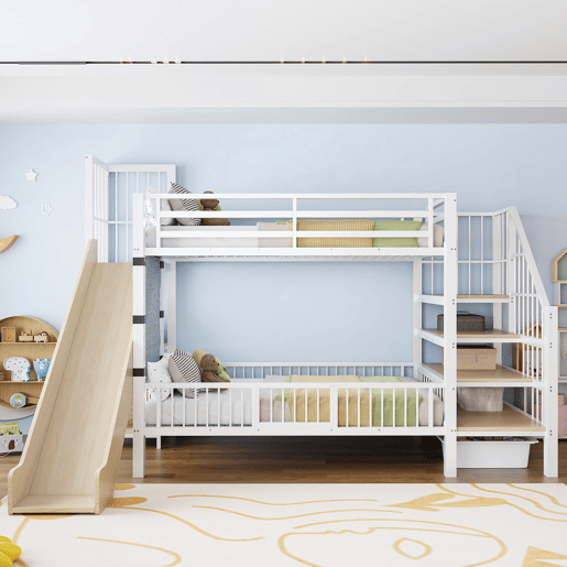 Cama alta infantil metálica 90x200 - com escorregador e escada com arrumação - branco