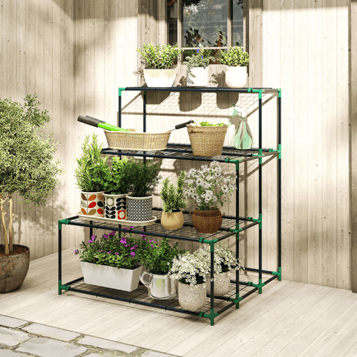 Outsunny Suporte para Plantas de 4 Níveis Estante para Plantas de Aço Design em Escada Suporte para Vasos para Interior e Exterior Jardim Varanda e Pátio, 94x84x110 cm Verde Escuro