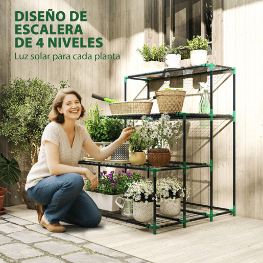 Outsunny Suporte para Plantas de 4 Níveis Estante para Plantas de Aço Design em Escada Suporte para Vasos para Interior e Exterior Jardim Varanda e Pátio, 94x84x110 cm Verde Escuro